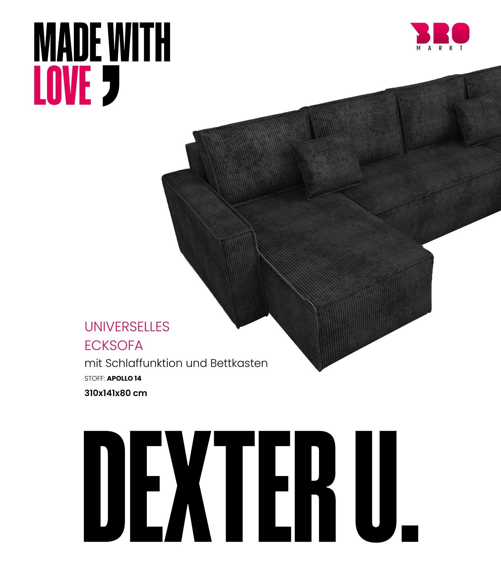 WOHNLANDSCHAFT Dexter U mit Schlaffunktion Schwarz Cord - Schwarz, Textil (310/80/141cm) - Bromarkt