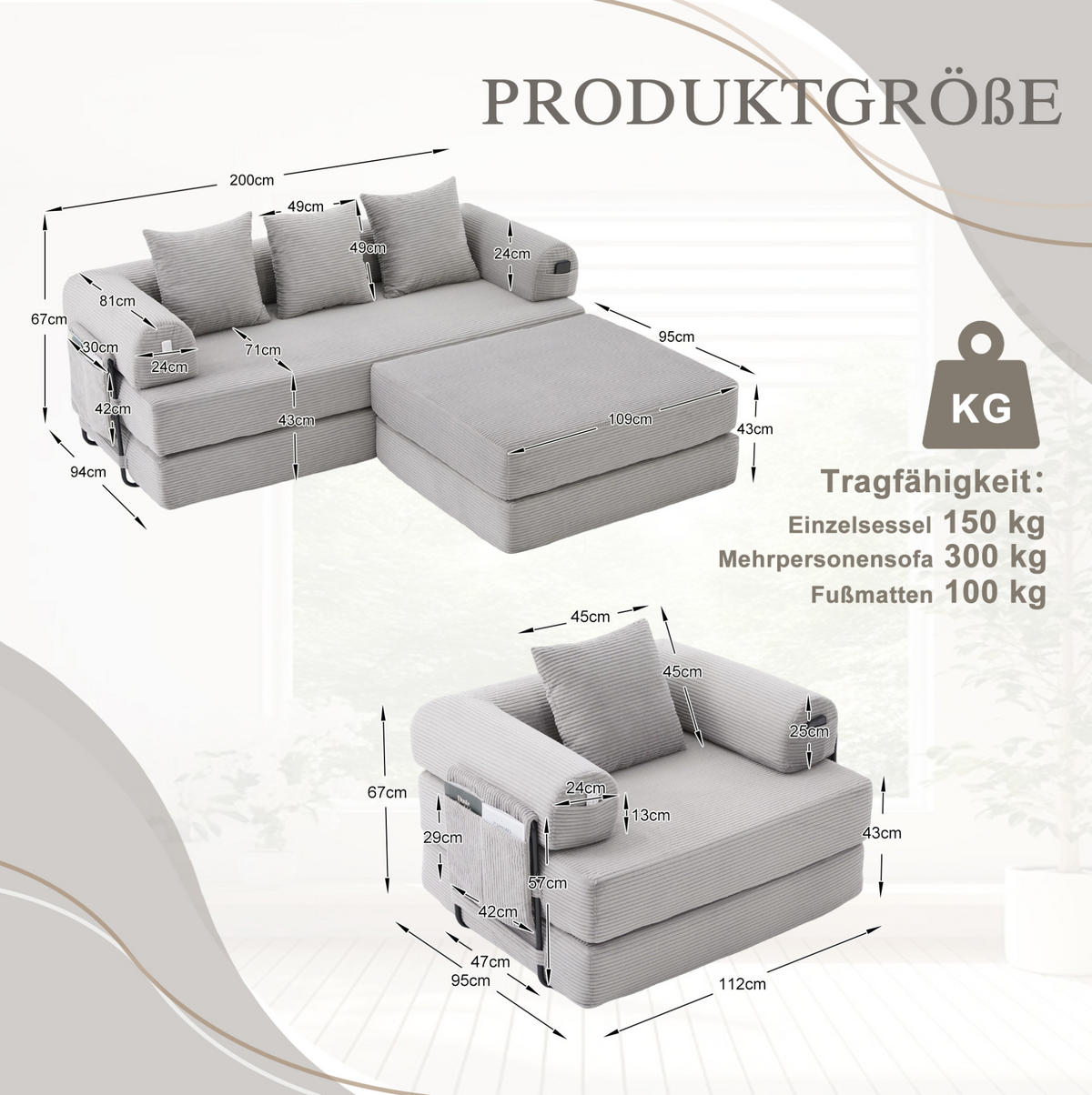 ECKSOFA aus Cord 200x94x67 cm Hellgrau mit Hocker, Metallrahmen und Seitentasche - Hellgrau, Textil (200/190cm) - Modfu