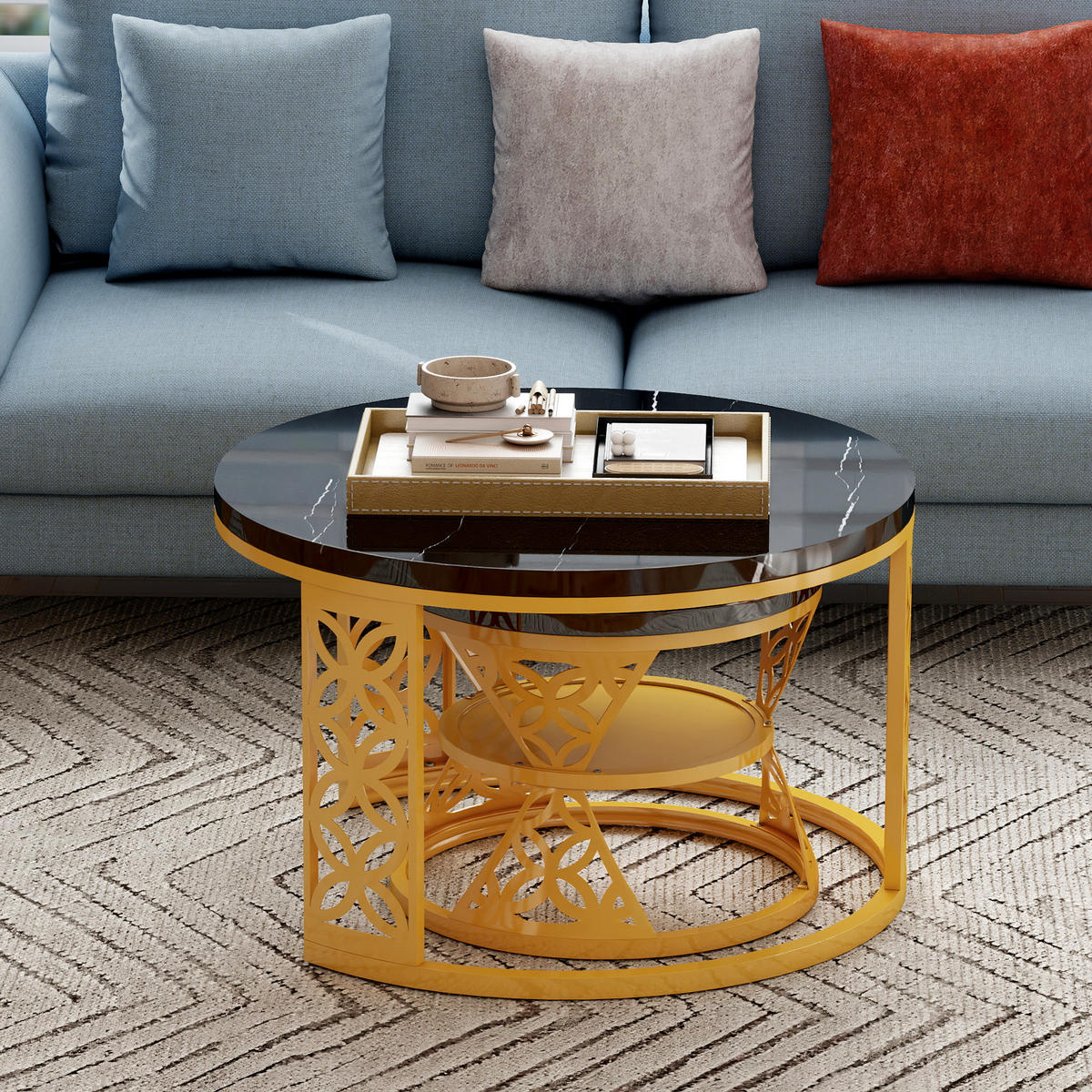 COUCHTISCH-SET mit Marmoreffekt und Metallrahmen Basis, Stapelbarer Beistelltisch Set 70/70/45 cm + 45/45/37 cm, Schwarz und Gold - Schwarz, Holzwerkstoff (70/70/45cm) - Redom