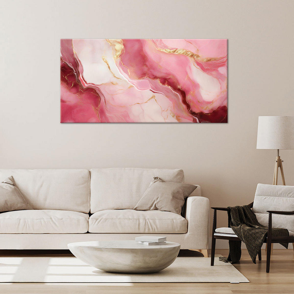 LEINWANDBILD Rosa Marmorstein-Goldelemente 120x60cm - Pink, Textil (120/60cm) - Feeby
