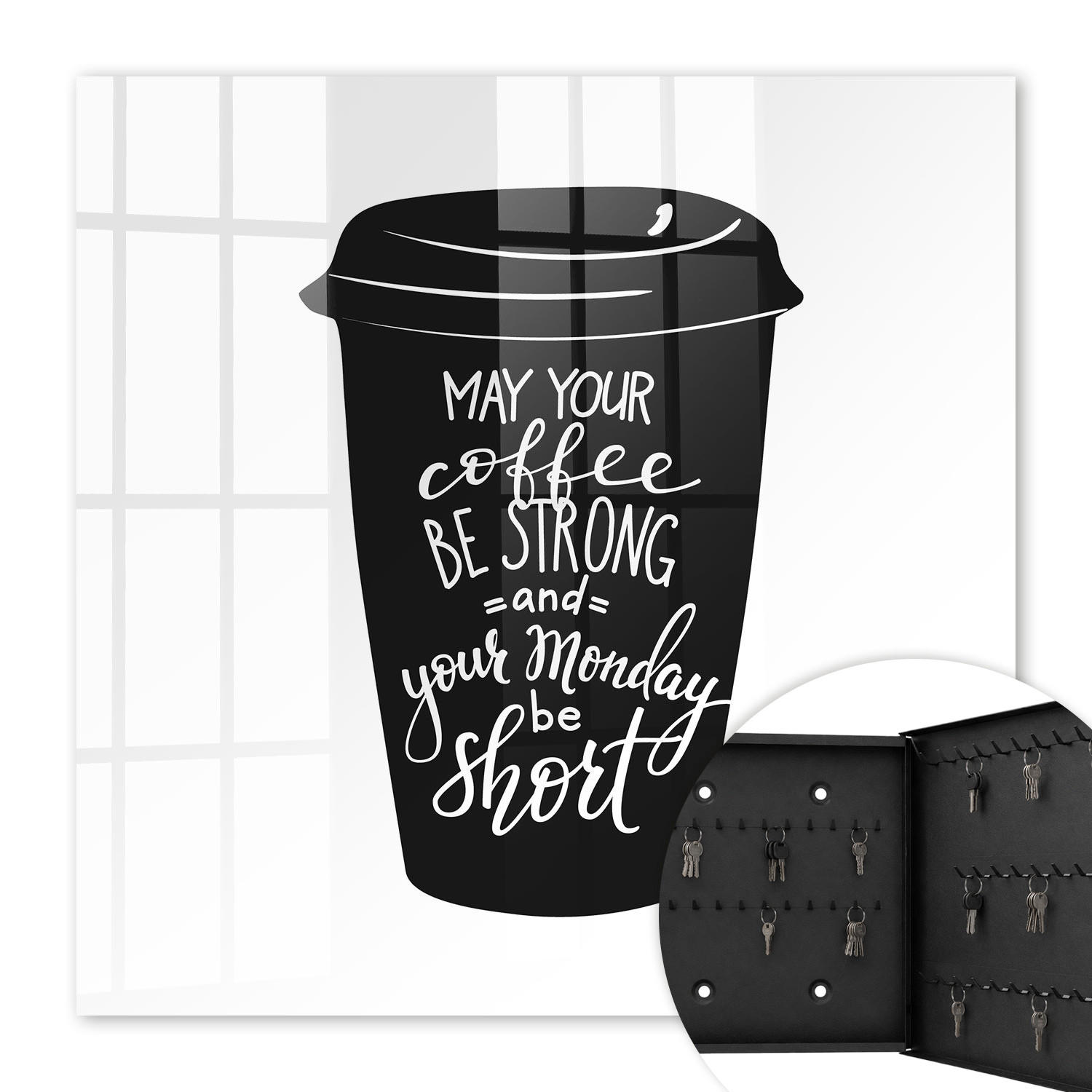 SCHLÜSSELBOX Schwarz 30x30 cm- Türöffnung nach rechts - Kaffee und Humor - Schwarz, Metall (30/30/5cm) - TULUP