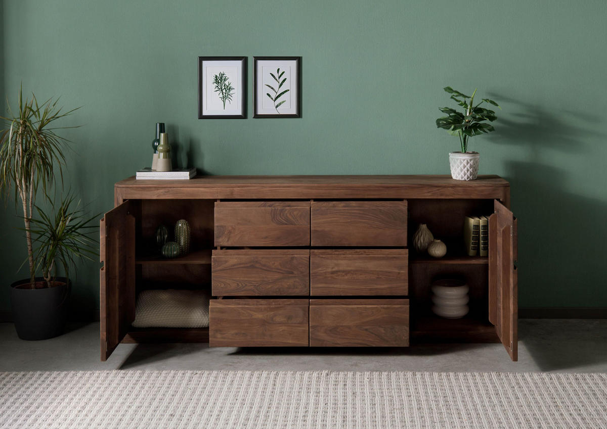 SIDEBOARD Sheesham 200x40x80 rot-braun gebeizt TORONTO #170 - Dunkelbraun, Holz (200/80/40cm) - Massivmoebel24