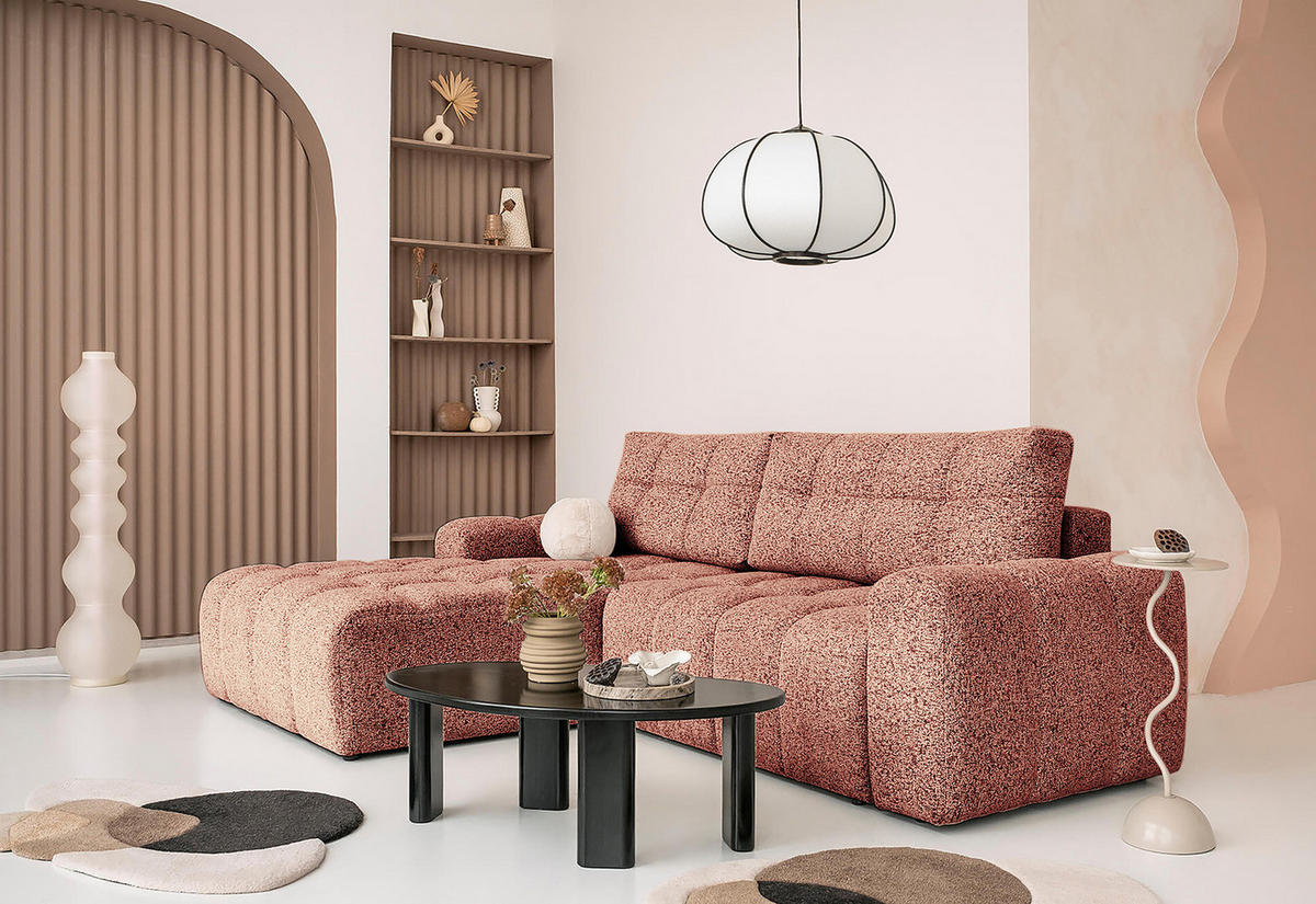 ECKSOFA mit Schlaffunktion - Strukturstoff - Beige/Rot, Kunststoff/Textil (268/184cm) - home24