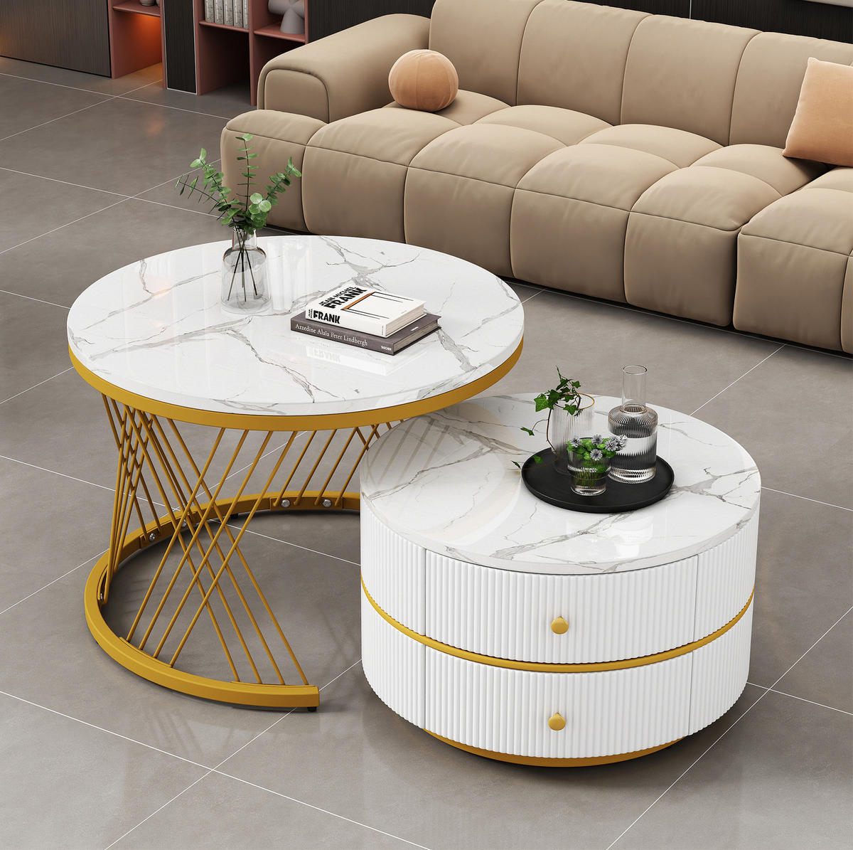COUCHTISCH 2er-Set rund mit 2 Schubladen Weiß Marmoroptik - Weiß, Metall (60/60/46cm) - Meubliv