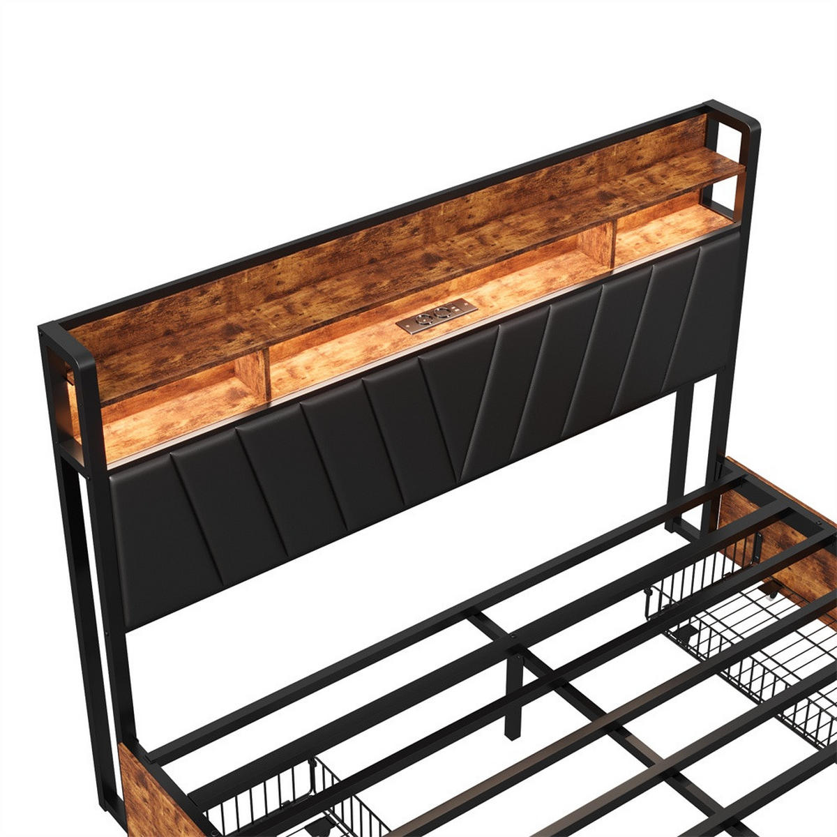 DOPPELBETT 180x200 cm - Metallbett mit 2-stufigem Regalkopfteil - 4 Schubladen und LED-Beleuchtung - ohne Matratze - Schwarz - Schwarz, Metall (180/200cm) - DELFA