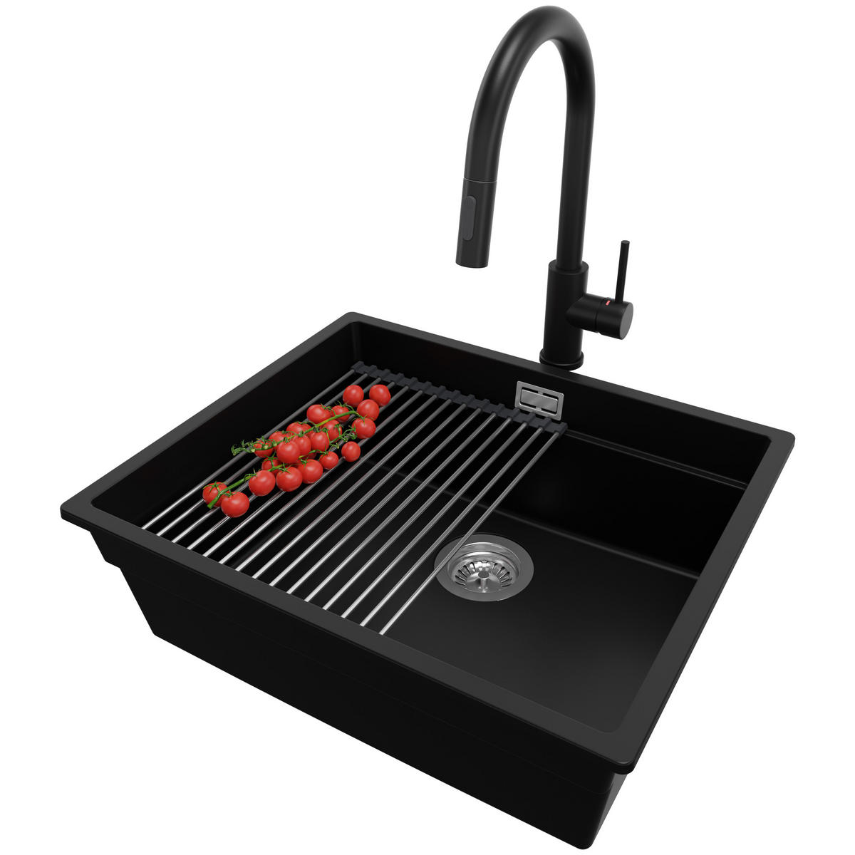 UNTERBAUSPÜLE GRANIT Praga, 2-er set Schwarz 56/47 cm 1 Becken + Küchenarmatur 40/20 cm + Ablauf-Set + Aufrollbare Abtropffläche ab 60er Unterschrank - Chromfarben/Schwarz, Kunststoff (56/20/47cm) - Primagran