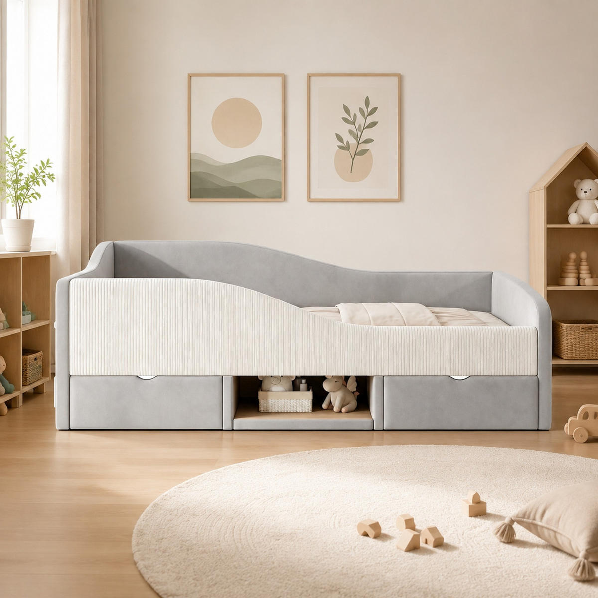 POLSTERBETT 90/190 mit zwei Schubladen, Schutzgittern und hautfreundlichem Samtbezug in Grau - Grau, Holzwerkstoff/Textil (90/190cm) - EVRYAE