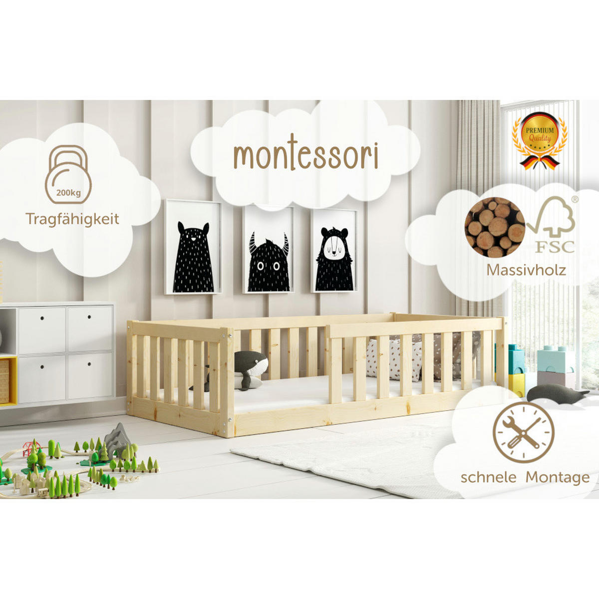 BODENBETT Bella 160x80 mit Rausfallschutz - Naturfarben, Holz (80/160cm) - Interbeds