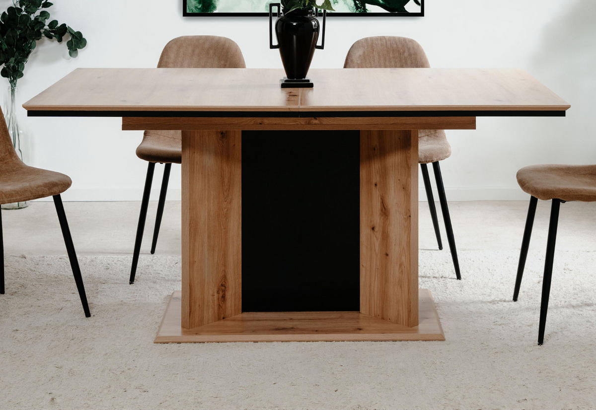 ESSTISCH Eiche Artisan, schwarz, Säulentisch ausziehbar 160 - 200 x 90 cm - Schwarz/Eiche Artisan, Holzwerkstoff (160/90/76cm) - Furn.Design