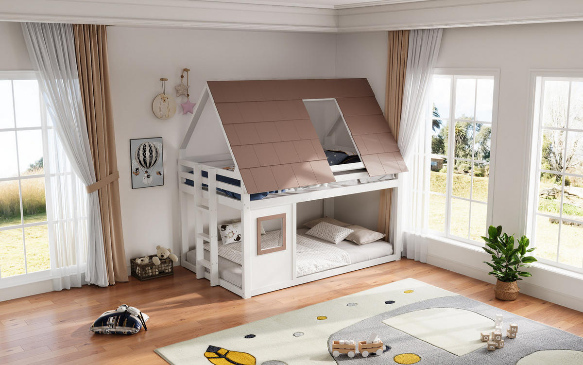 ETAGENBETT 140/200 cm, Braun/Weiß mit Dach und Leiter - Weiß, Holz (140/200cm) - MIVRAY