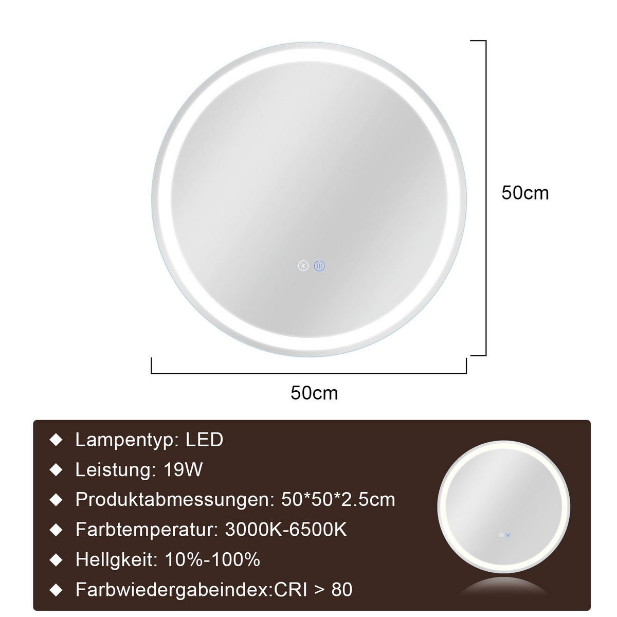 BADEZIMMERSPIEGEL Mainz mit LED-Leuchte Ø50 cm - Weiß, Glas (50/3/50cm) - Nettlife