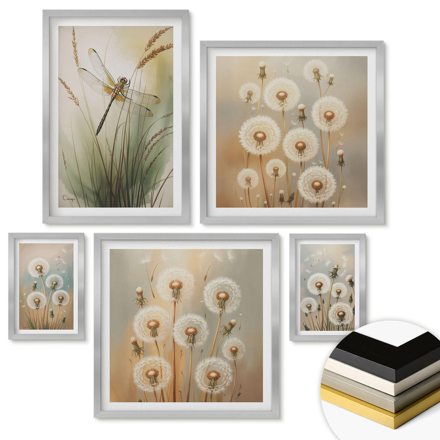 WANDBILDER 5er Set - 50x50 cm & 20x30 cm & 40x60 cm Silberner Rahmen - Weiße Löwenzahnblüten auf hellem Hintergrund - Silberfarben, Kunststoff (40/60cm) - ArtPrintCave