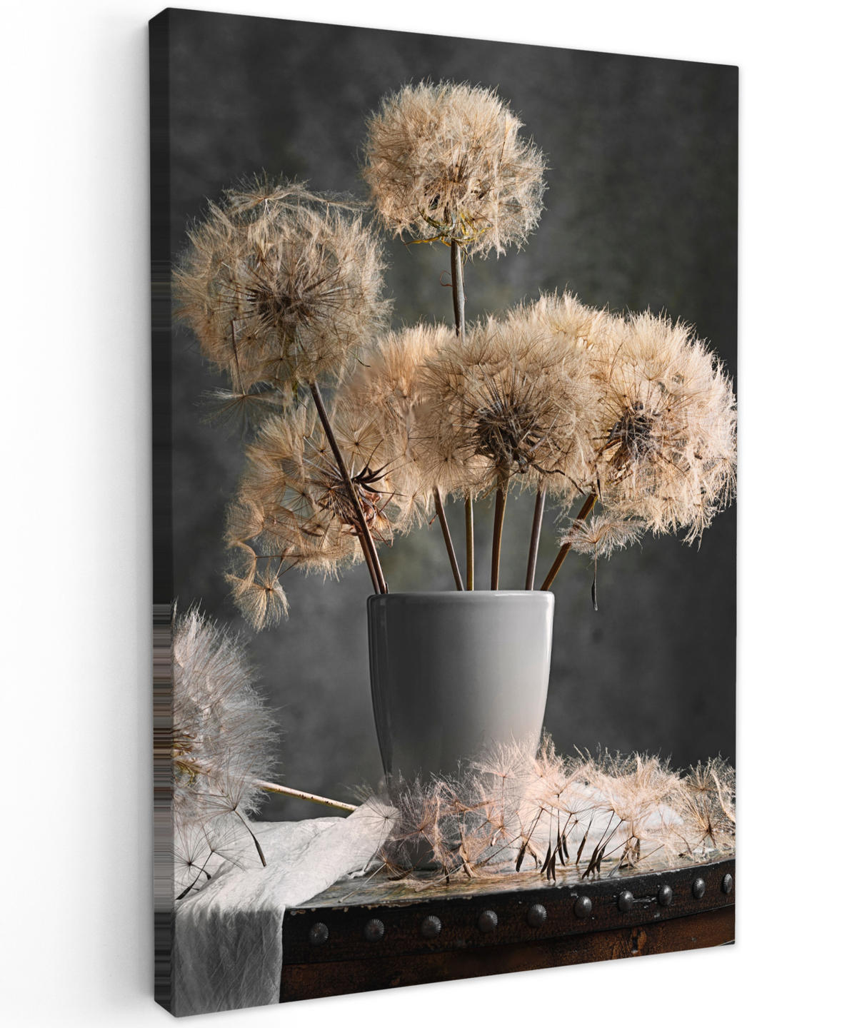 LEINWANDBILD Blumensamen - Löwenzahn - Vase - Stilleben - Blumenstrauß 90x140 cm - Dunkelgrau, Textil (90/140cm) - MuchoWow