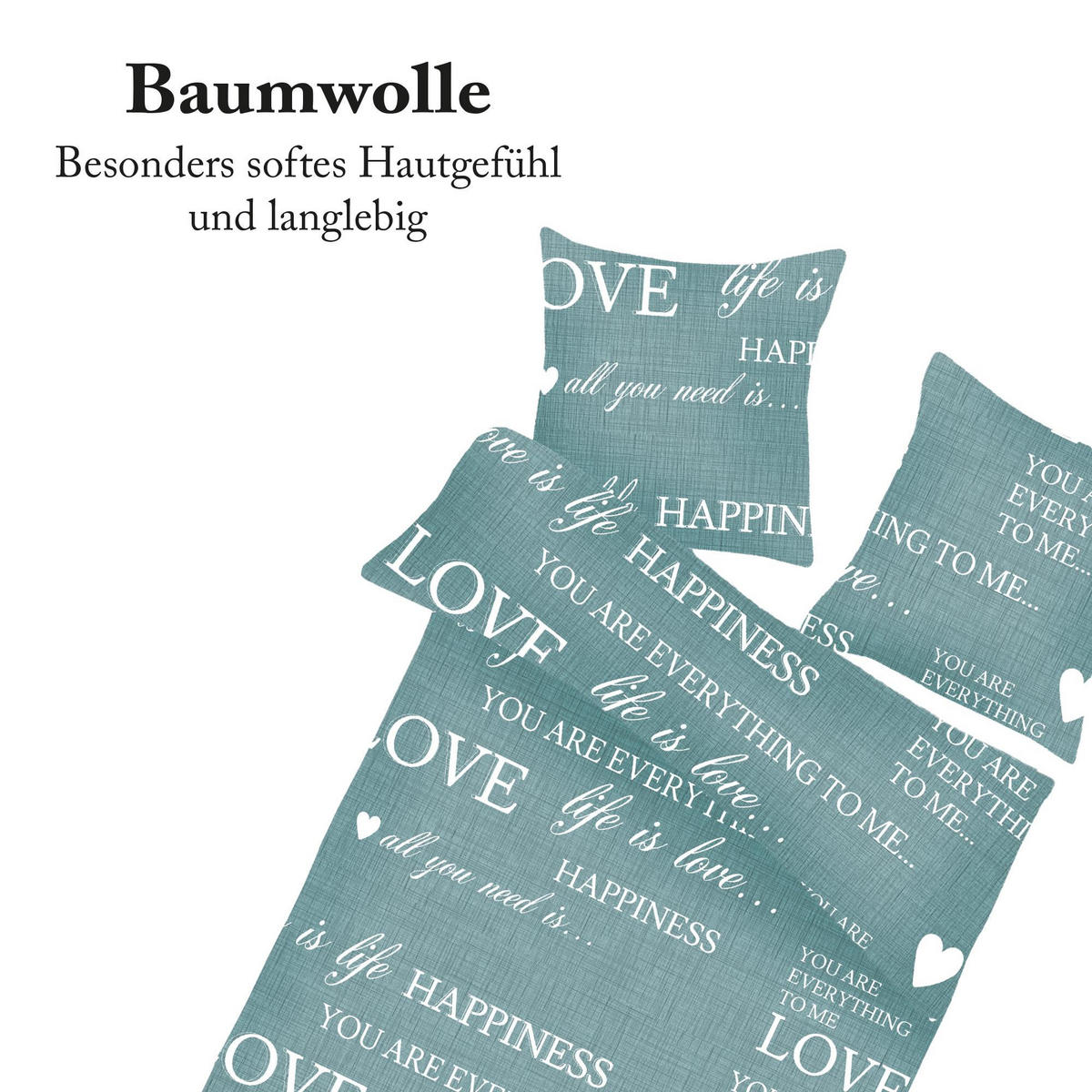 BETTWÄSCHE Baumwolle 2-teilig 135x200/80x80cm Love Happiness - Türkis, Textil (135/200cm) - Bestlivings