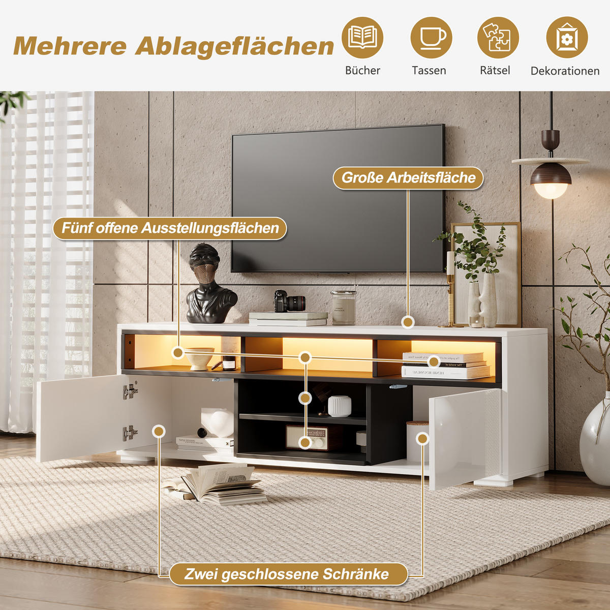 TV-ELEMENT 150/35/50 cm Weiß mit 8 Lagerräume - Weiß, Holz (150/50/35cm) - Oxeza