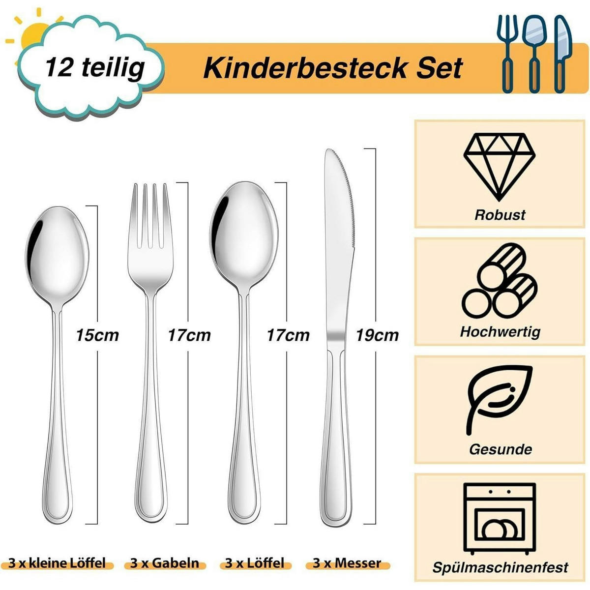 KINDERBESTECK Set 12-teilig Edelstahl Spülmaschinenfest - Silberfarben, Metall