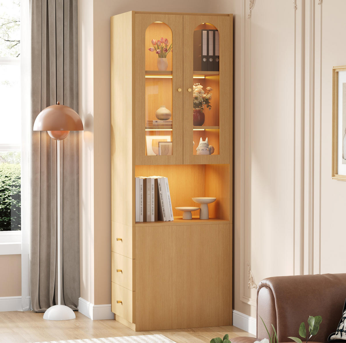 ŠIROKÁ komoda, 60/40/200 cm, MDF dekor duba, s vitrínou z tvrdeného skla a LED - farba duba, kompozitné drevo (60/200/40cm) - BEAOK