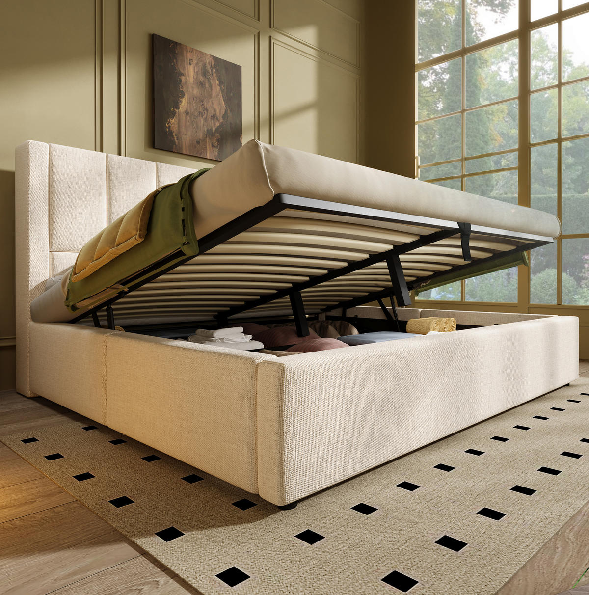 POLSTERBETT mit Stauraum und Ladestation 140x200 cm Leinen Beige - Beige, Metall (140/200cm) - Meubliv