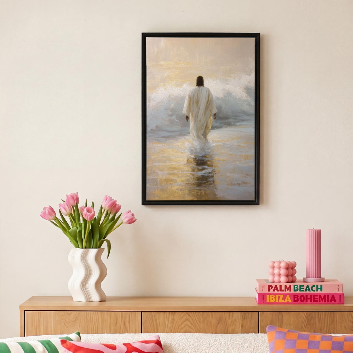 LEINWAND Bilder mit Rahmen - Gemälde - Welle - Jesus - Abstrakt - 20x30 - Goldfarben, Textil (20/30cm) - MuchoWow
