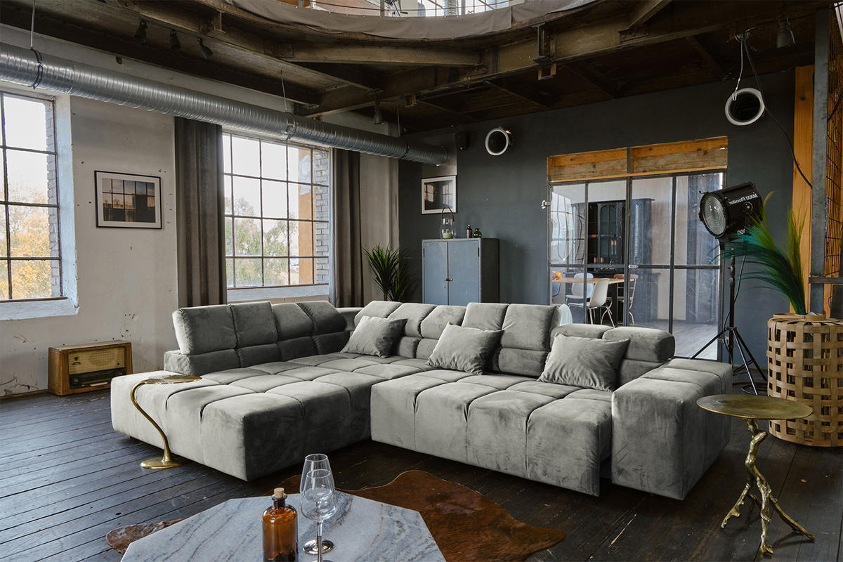 ECKSOFA MIT MOTORISCHEM SITZVORZUG NEVADA Silber Velvet - Silberfarben/Schwarz, Textil (319/215cm) - KAWOLA