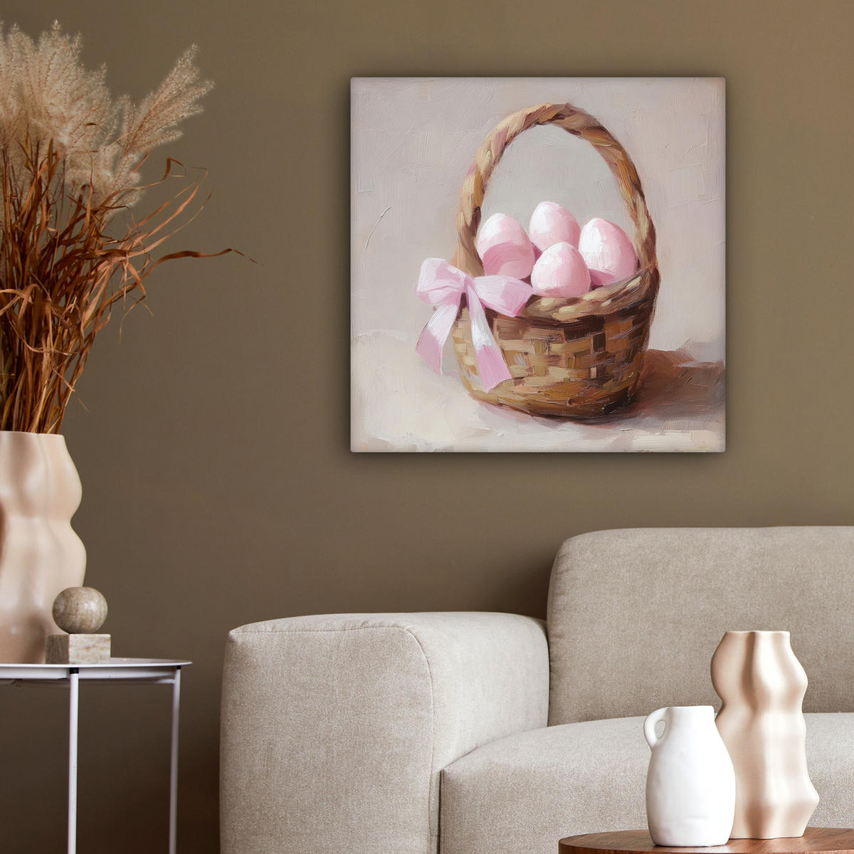 LEINWANDBILD Korb - Eier - Rosa Wandbild Wohnzimmer 50x50 cm - Beige, Textil (50/50cm) - MuchoWow