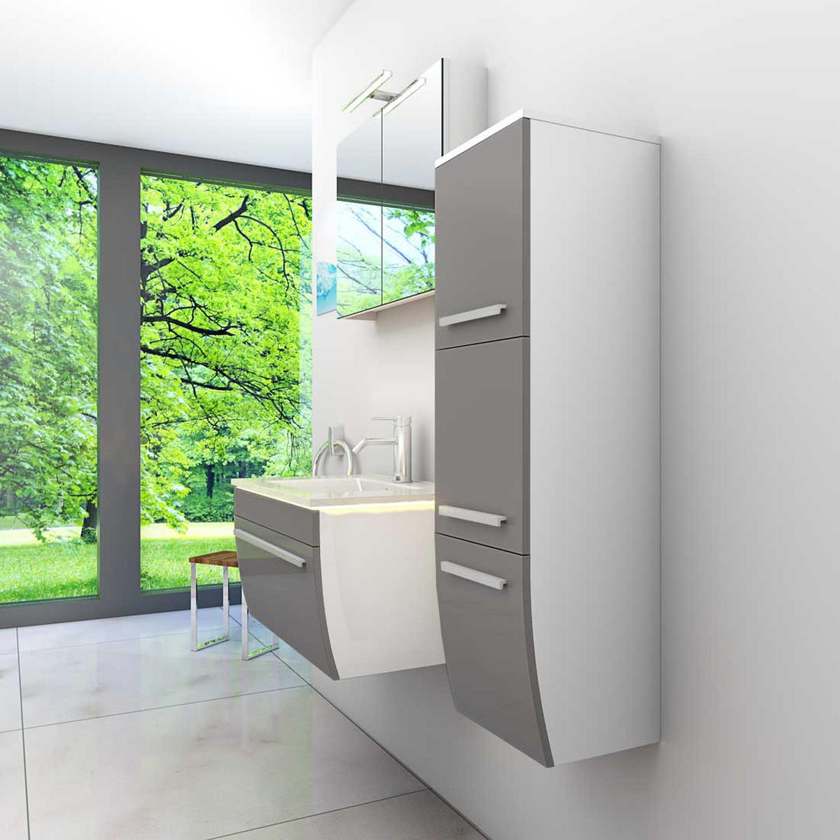 BADMÖBEL Set Gently 3 V2-R Weiß/Grau Badezimmermöbel Badspiegel Waschtisch 70 cm mit 1x 5W LED / Energiebox - Grau, Glas/Kunststoff (46/40/70cm) - AcquaVapore by Sandra Jentho