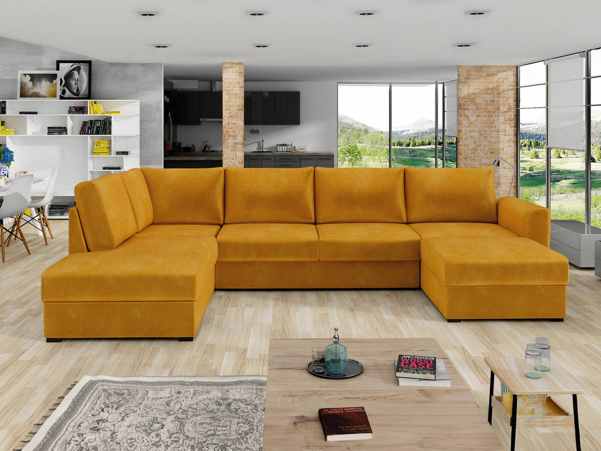 WOHNLANDSCHAFT Wilma, Seite: Links - Gelb/Schwarz, Holz/Textil (305/85/188cm) - MIRJAN24