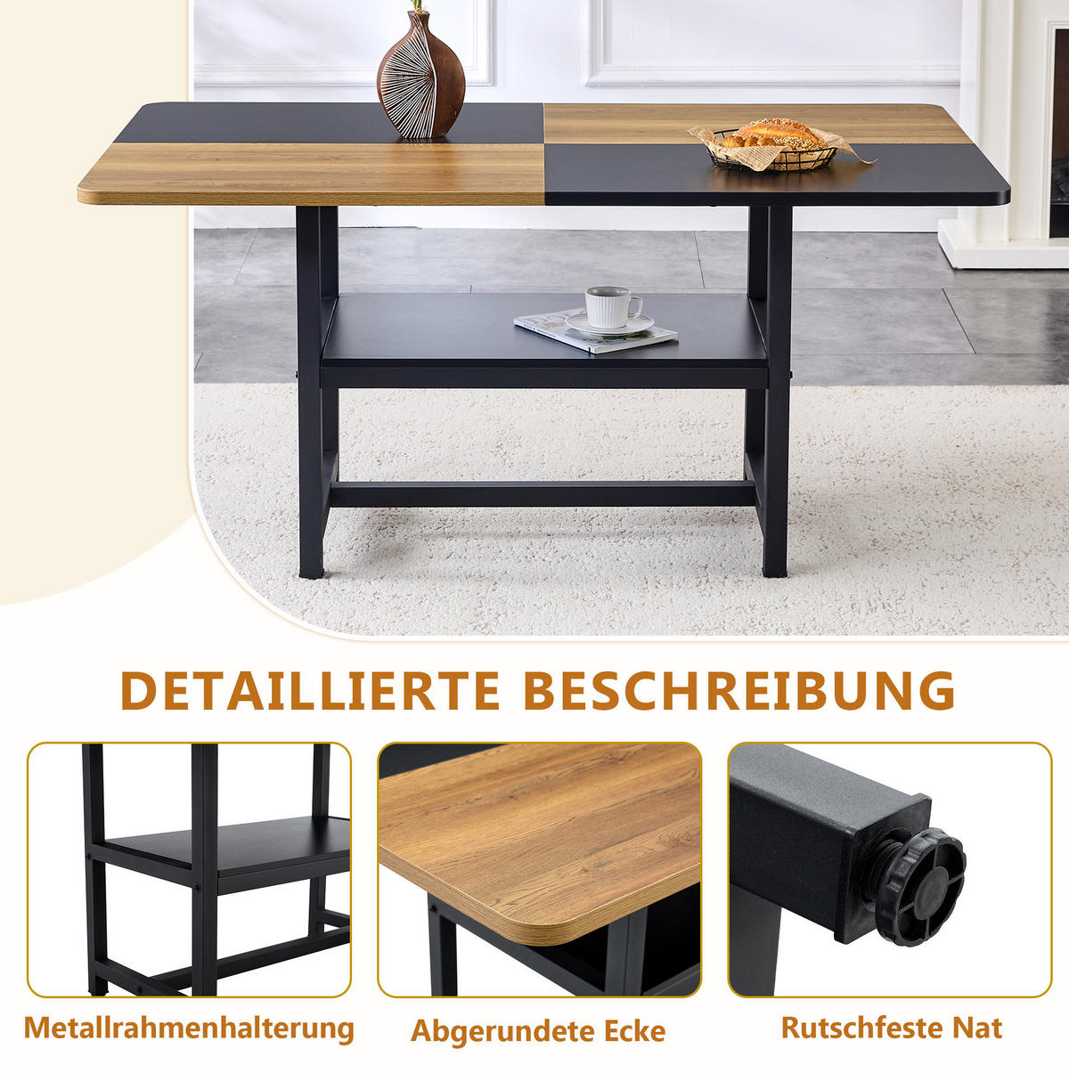 ESSTISCH 160/76/90 cm Schwarz/Braun aus MDF und Metall mit Ablagefach - Schwarz, Holzwerkstoff (160/90/76cm) - OKMYHOME