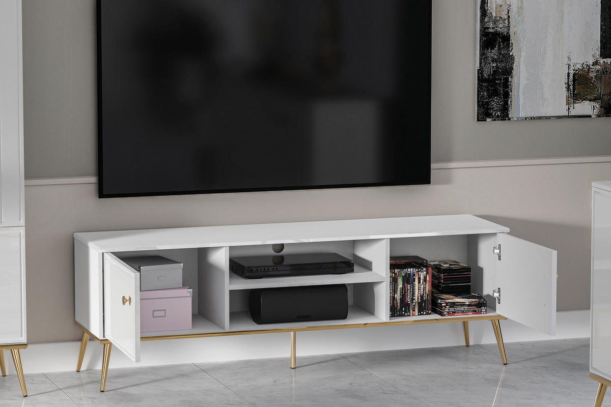 TV-LOWBOARD ISORIA auf hohen goldenen Beinen, Glas Weiß - Goldfarben/Weiß, Holz/Metall (160/53/40cm) - KONSIMO®