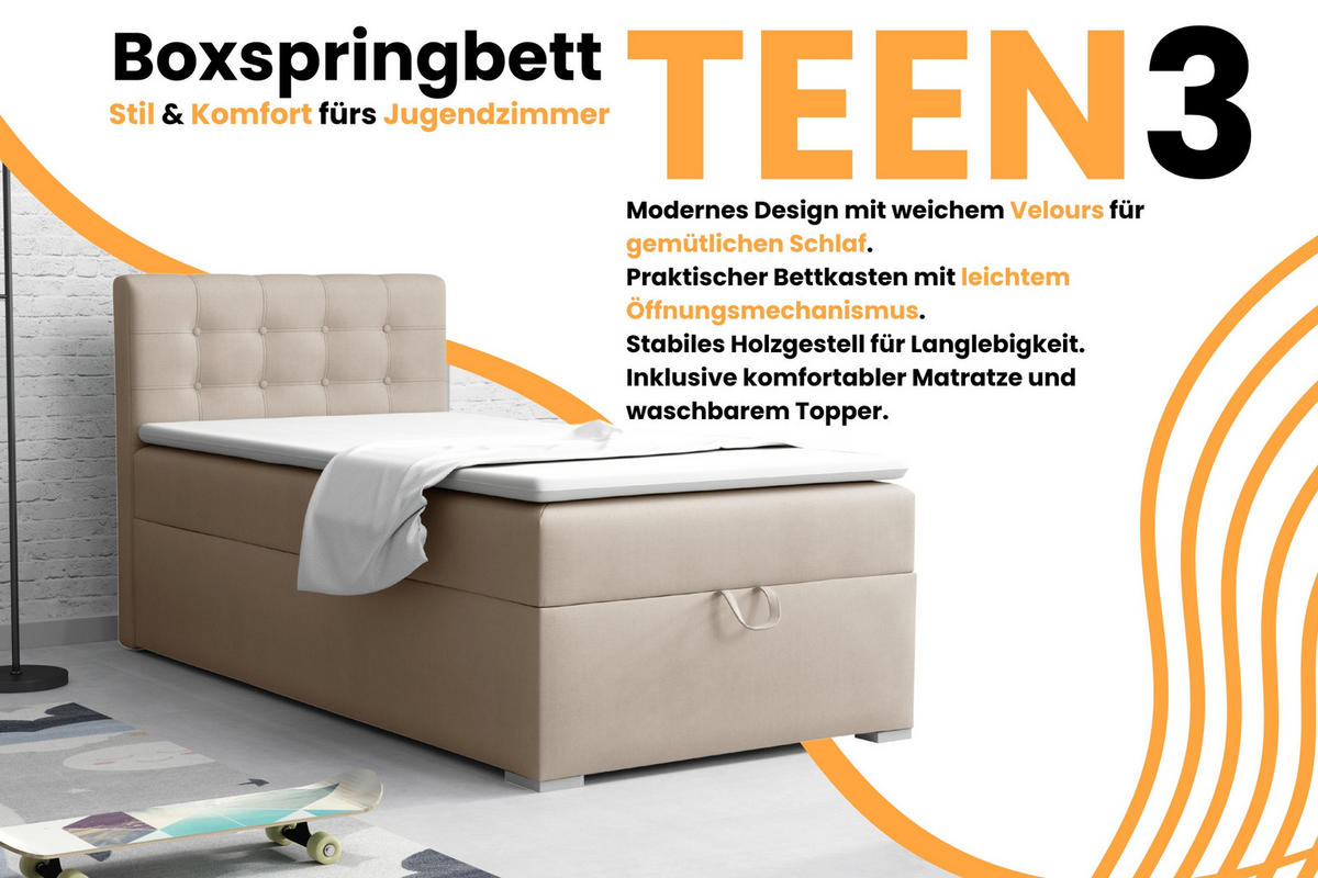 BOXBETT TEEN 3 90/200 Velours Beige H4 - Beige, Holz/Holzwerkstoff (90/200cm) - Deine Möbel 24