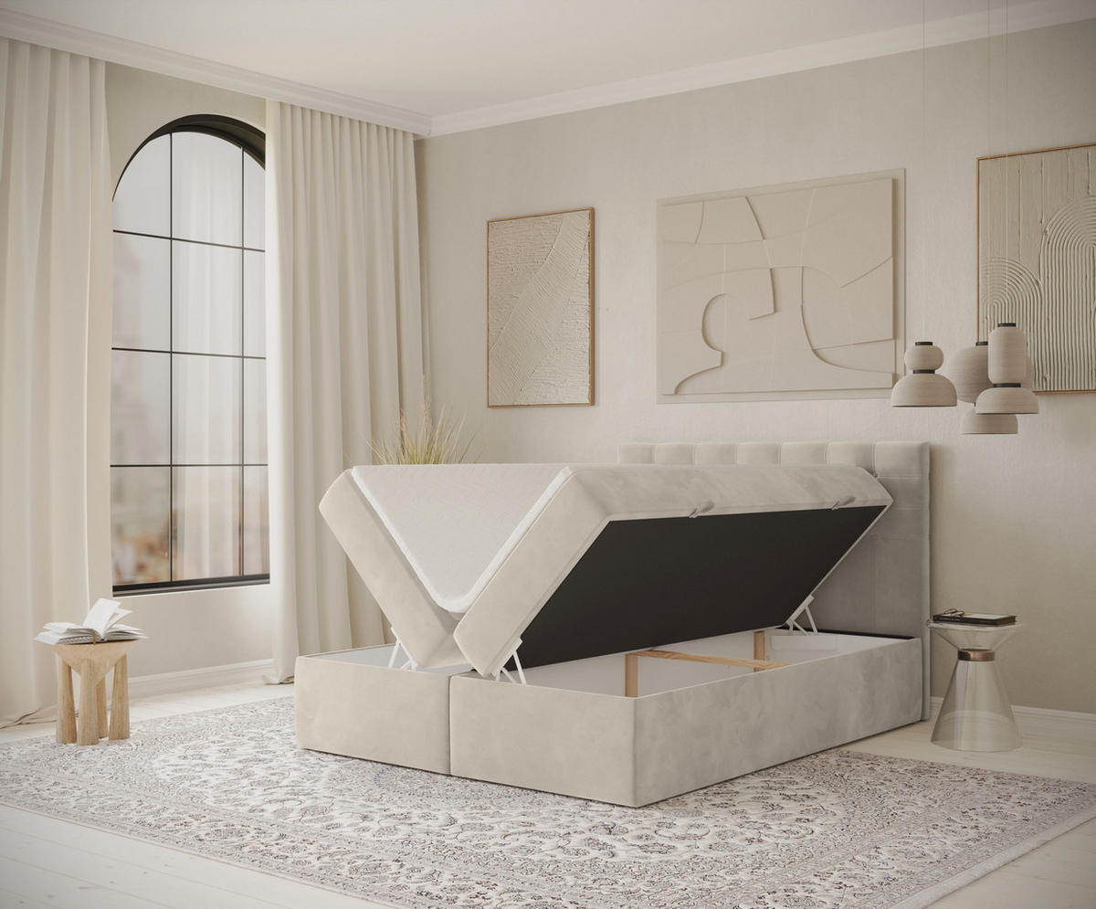 BOXBETT Sansa Hellbeige 120/200 cm mit Taschenmatratze und Topper - Beige/Schwarz, Holz/Holzwerkstoff (120/200cm) - Maison de Reve