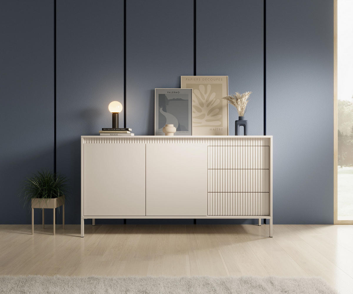 SIDEBOARD Ferrato B 153 cm Beige - mit 2 Türen und 3 geriffelten Schubladen rechts - Beige, Holz/Holzwerkstoff (153/81/39cm) - Ravio