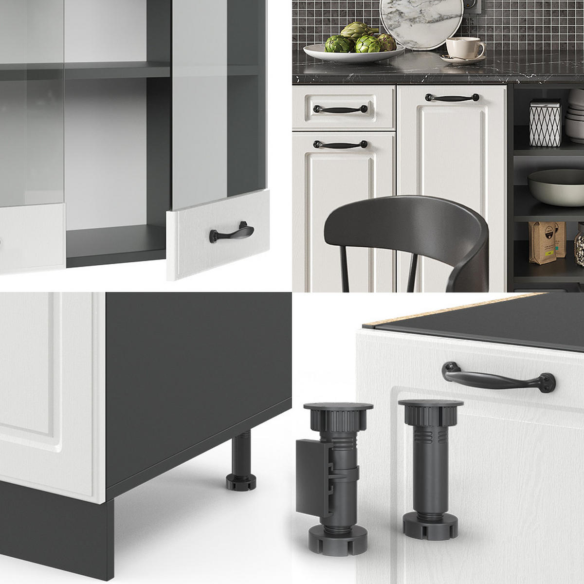 KÜCHENZEILE R-Line Weiß Landhaus/Anthrazit 240 cm, AP Eiche - Anthrazit/Creme, Holzwerkstoff (240/81.6/60cm) - Vicco