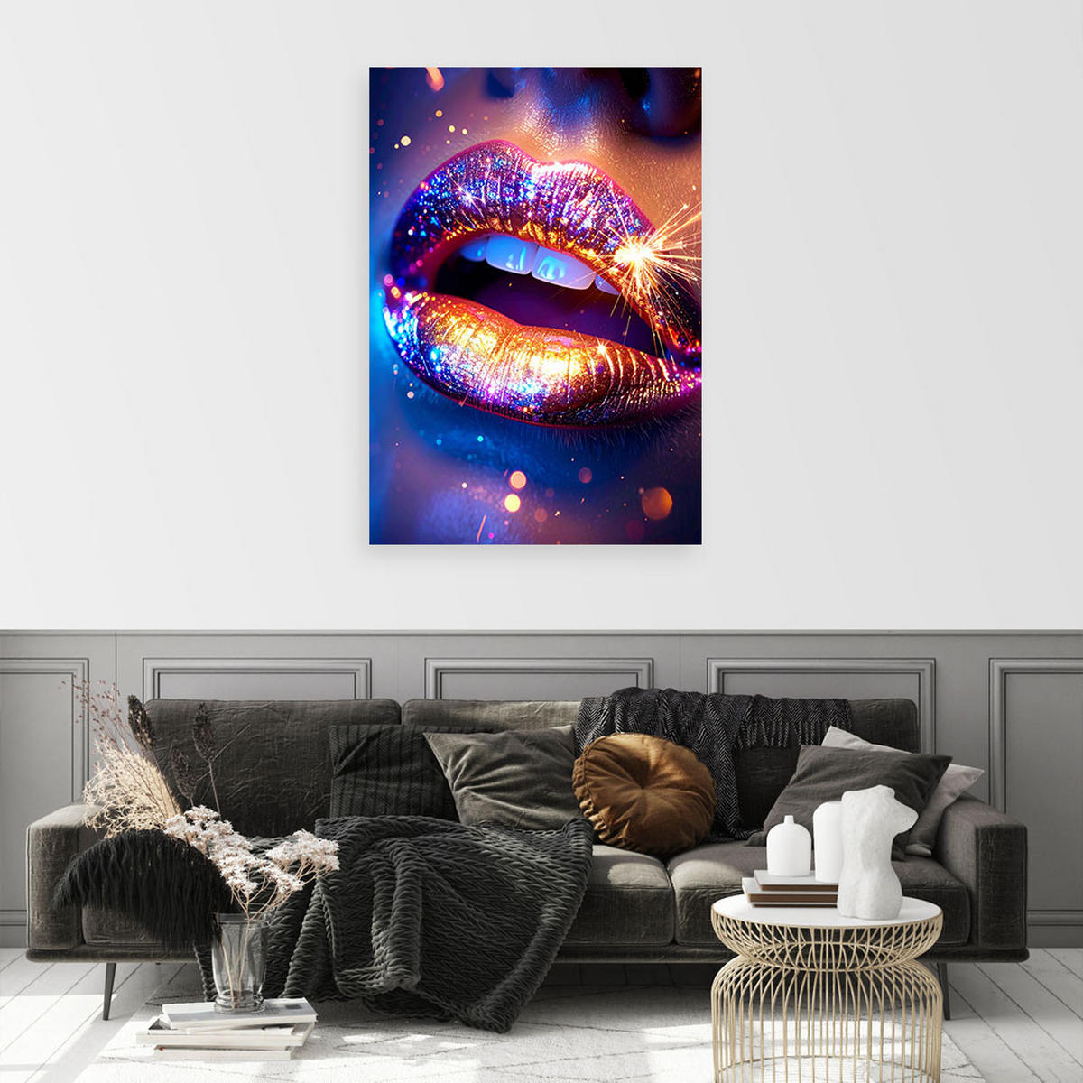 WANDBILD, Farbenfrohe glänzende Lippen in einer Neonkomposition - Multicolor, Textil (20/30cm) - Feeby