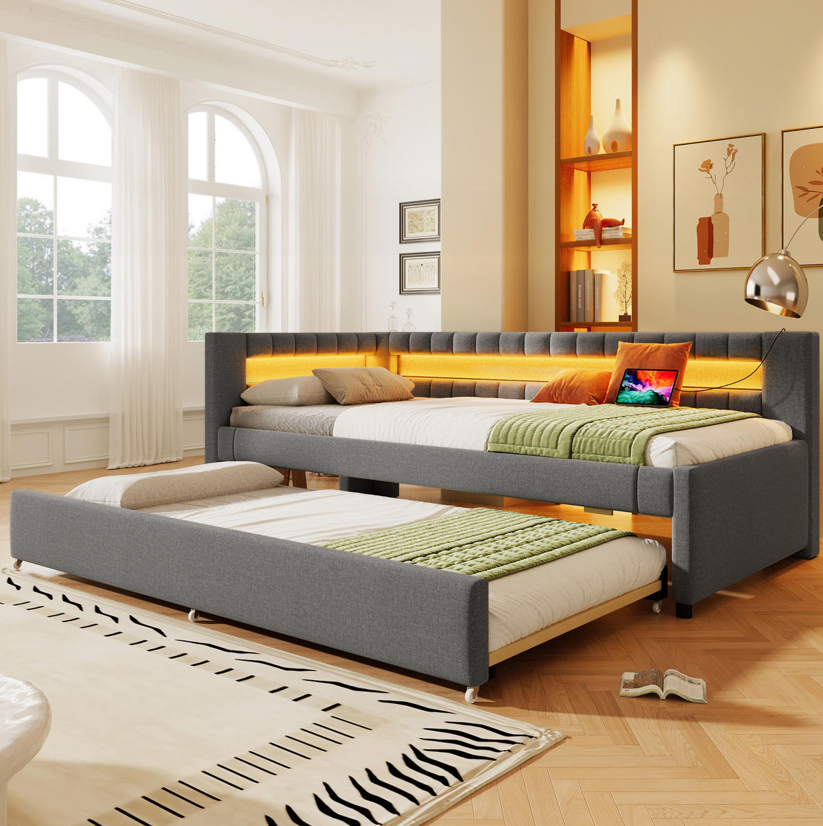 POLSTERBETT 90/200 cm in Grau mit LED-Beleuchtung und USB- und Type-C-Anschlüssen - Grau, Textil (90/200cm) - Flora Grace