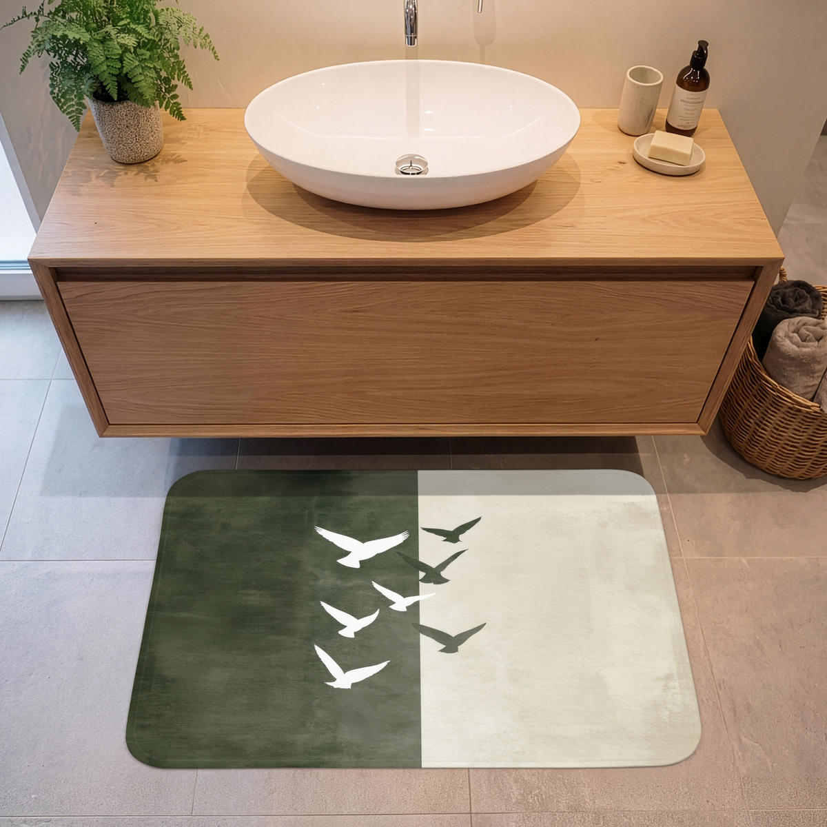 KOUPELNOVÁ PŘEDLOŽKA Japandi - Pták - Zelený 90x60 cm - olivově zelená, textil/plast (90/60cm)
