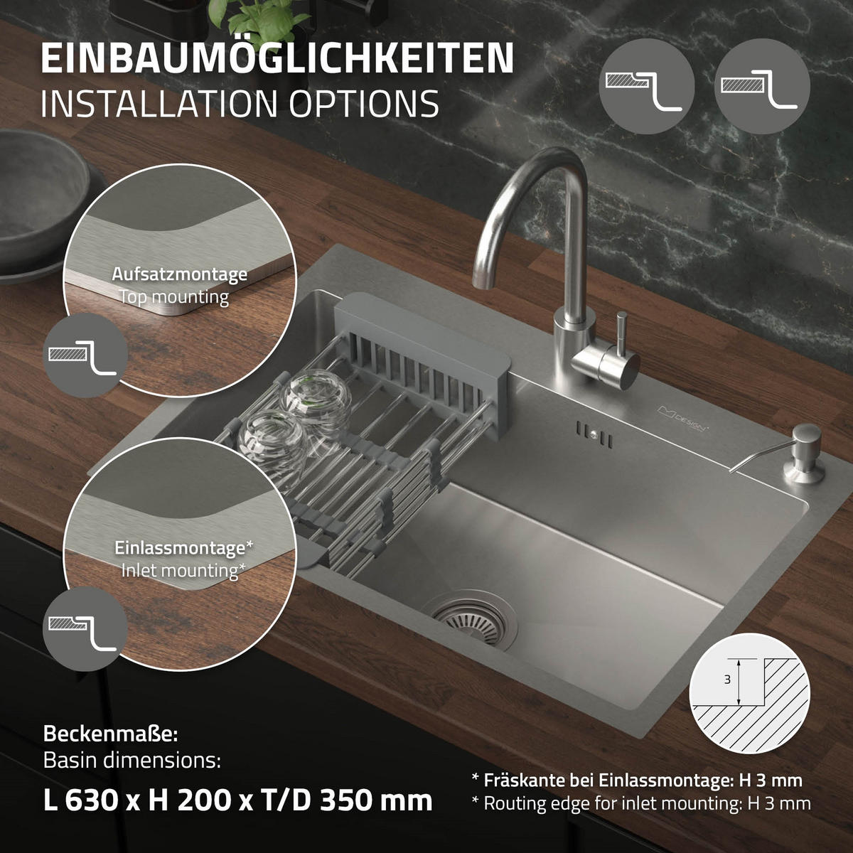 SPÜLBECKEN Edelstahl 68/45cm - Silberfarben, Metall (45/20/68cm) - ML-DESIGN