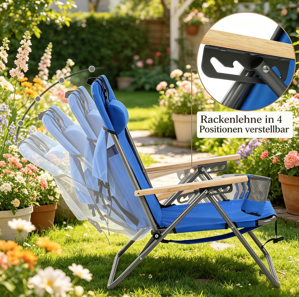 KLAPPSTUHL aus 600D Oxford Stoff 98x56x57 cm in Blau mit 4 Positionen - Blau, Metall (56/57/98cm) - Modfu