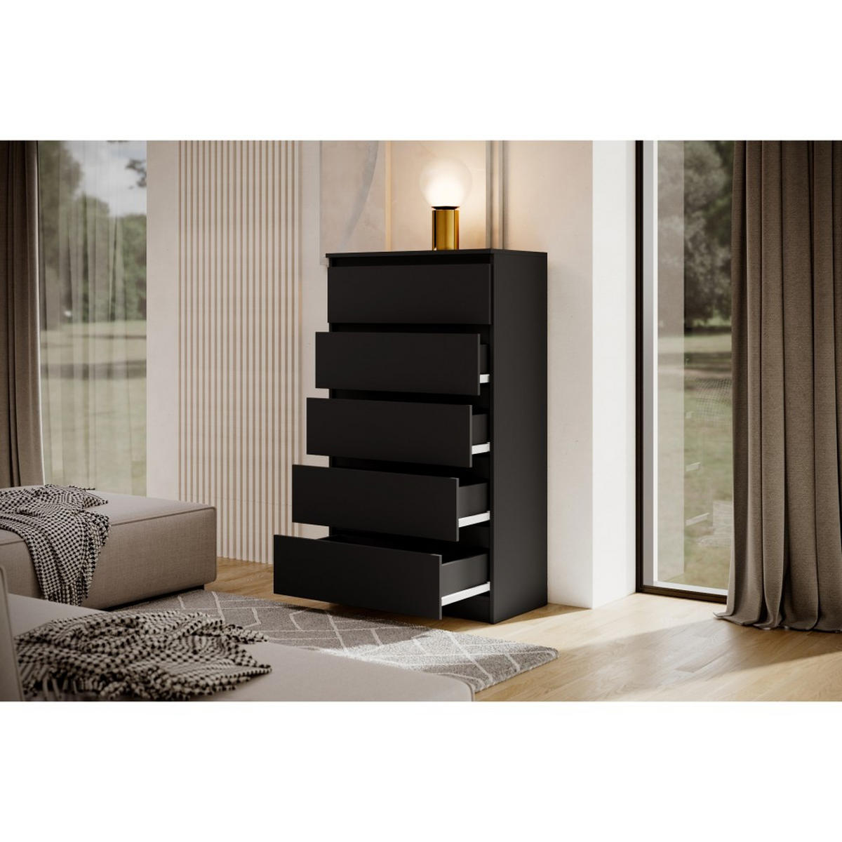 KOMMODE Lemon 70 cm mit fünf Schubladen schwarz matt - Schwarz, Holzwerkstoff (70/124.5/39cm) - Beautysofa