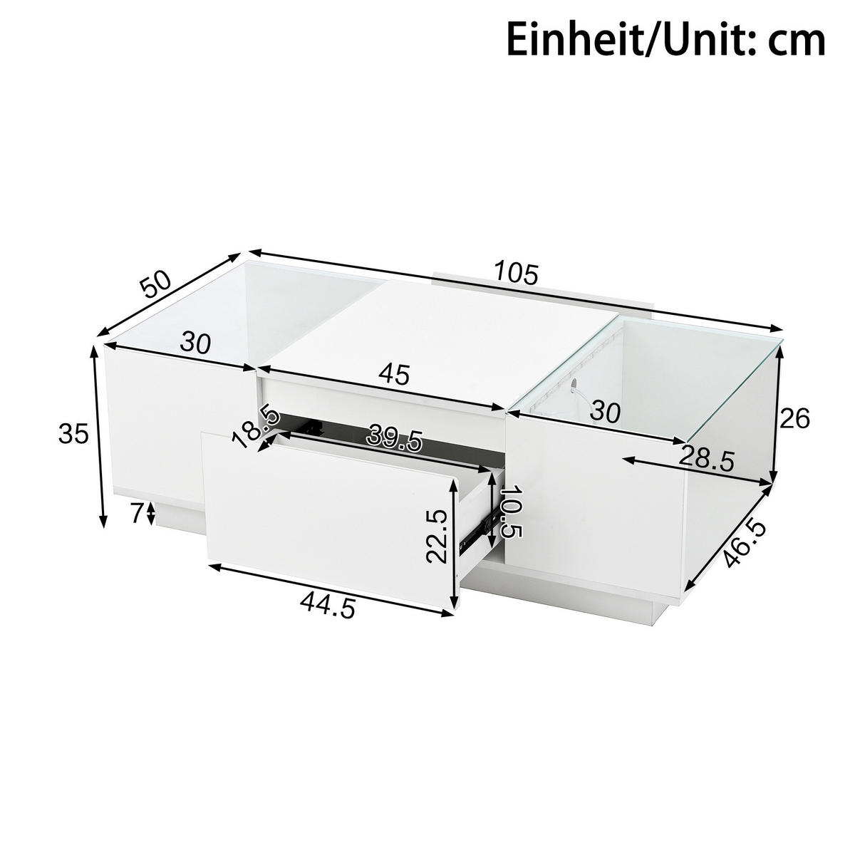 COUCHTISCH 105/50/35 cm in Weiß mit LED-Beleuchtung und Stauraum - Weiß, Holzwerkstoff (105/50/35cm) - Flora Grace