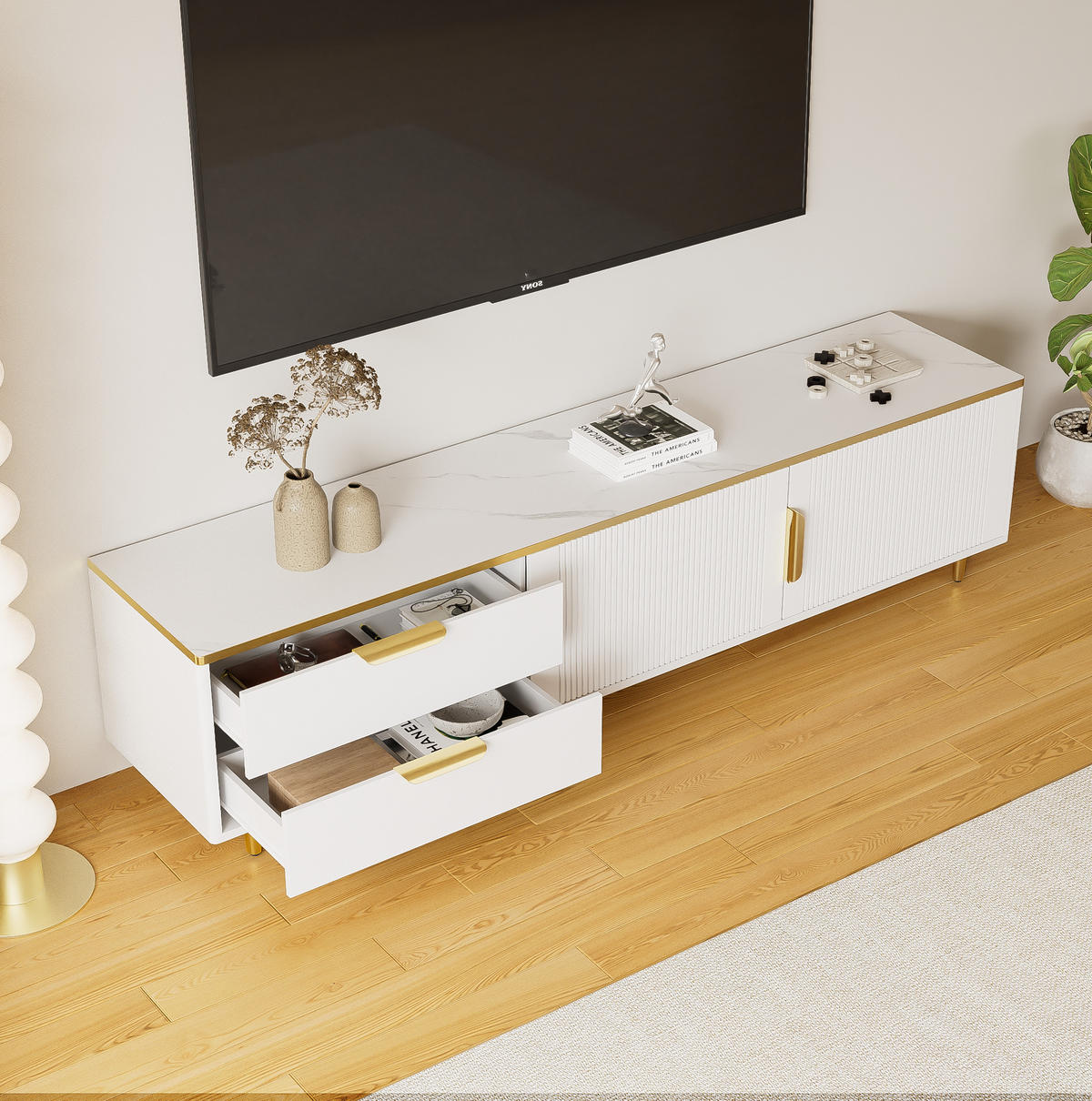 TV-SCHRANK in Weiß und Gold mit 2 Schubladen und 2 Türen 175/40/45 cm - Weiß, Holzwerkstoff (175/45/40cm) - Redom