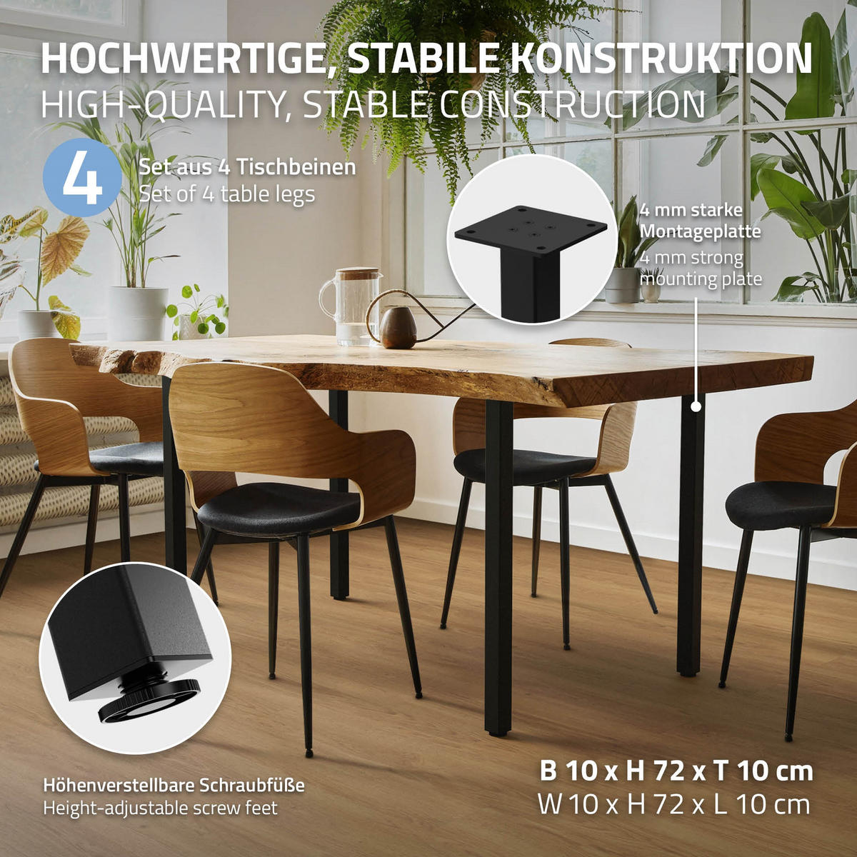 TISCHBEINE 4er Set I-Design H:72 cm Schwarz 4x4 cm - Schwarz, Metall (4/72/4cm) - ML-DESIGN