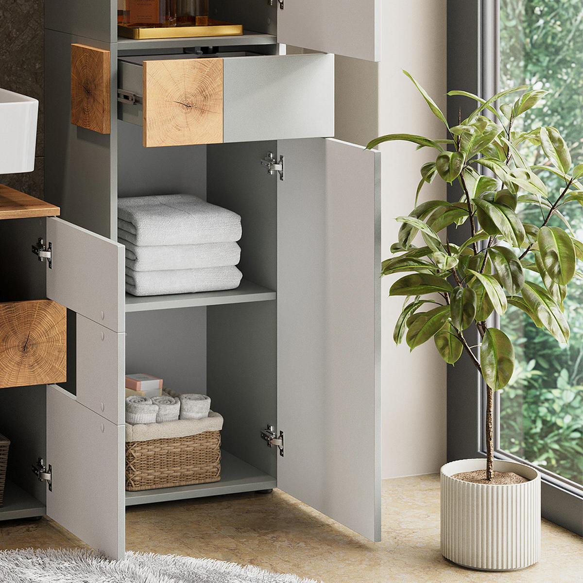 HOCHSCHRANK Eden Grau/Artisan 40 x 184.2 cm mit 2 Türen & 1 Schublade - Hellgrau/Grau, Holzwerkstoff (40/184.2/37cm) - Vicco