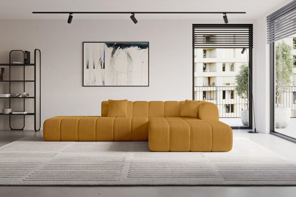 ROHOVÁ SEDAČKA s otomanem, pravá BILA-L 289x176x71 Hořčicová Manšestr - černá/tmavě žlutá, kompozitní dřevo/textil (289/176cm) - ALTDECOR