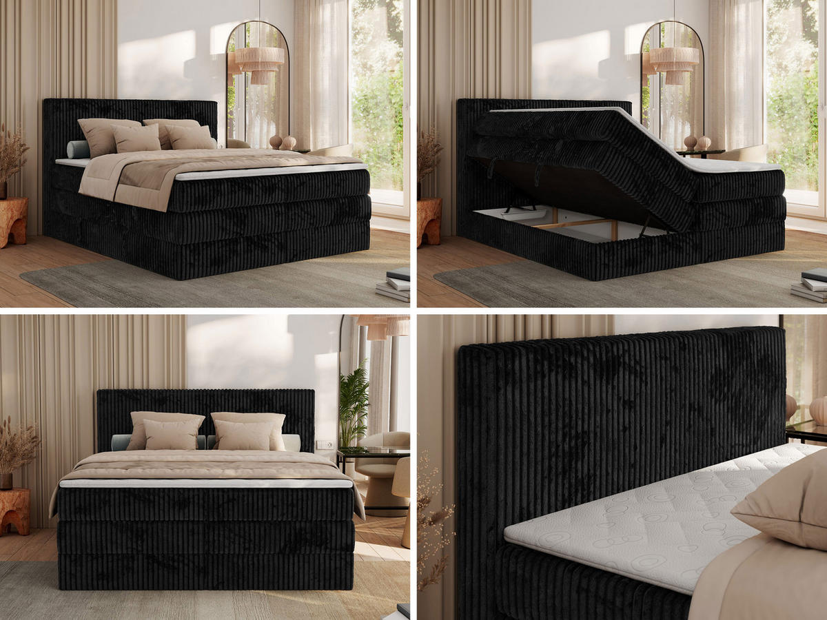 BOXSPRINGBETT TILIANO KING - 200/200 - Schwarz Cord - H4 - Schwarz, Holz/Textil (200/200cm) - MKS