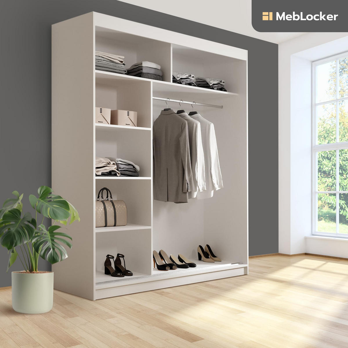 SCHIEBETÜRENSCHRANK mit Spiegel Weiß - Weiß, Holzwerkstoff (215.5/180/59cm) - MebLocker