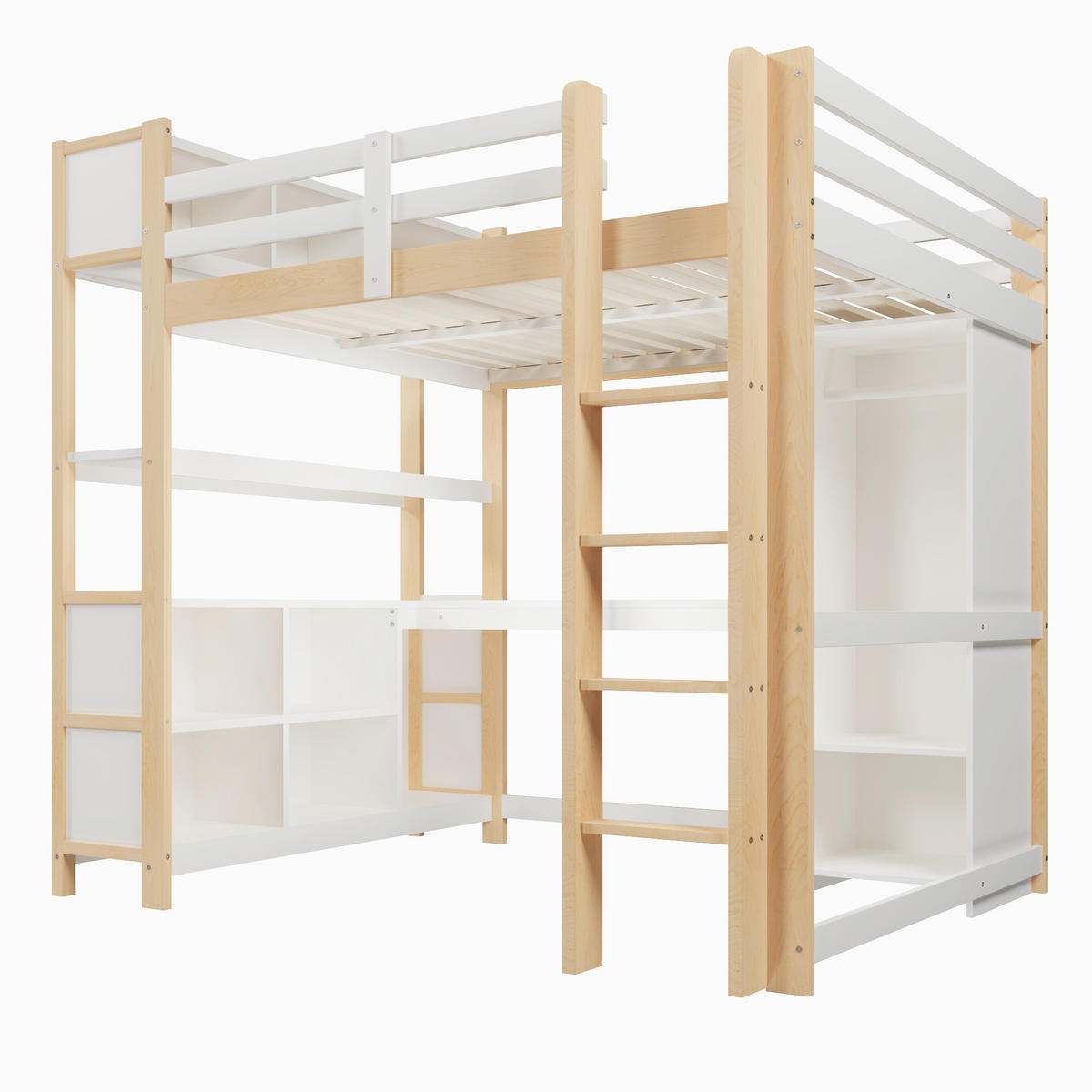 HOCHBETT 140/200 cm Natürlich mit mehrere Ablagefächer, Schreibtisch und Kleiderschrank - Naturfarben, Holz (140/200cm) - Oxeza
