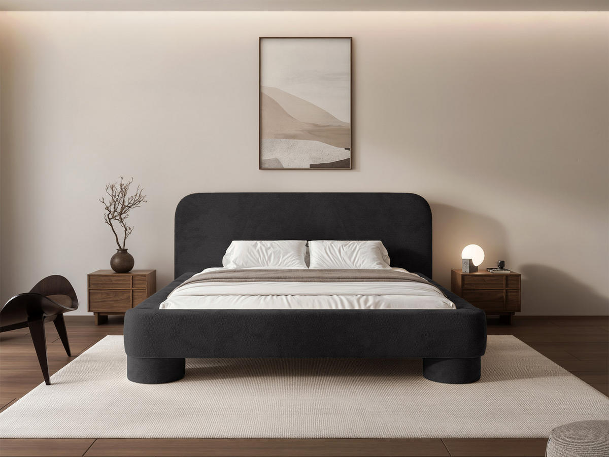 POLSTERBETT Frederico 180x200 cm Schwarz Chenille – (Doppelbett mit Bettkasten, Lattenrost, rundes Kopfteil) - Schwarz, Holz/Holzwerkstoff (180/200cm) - Ravio
