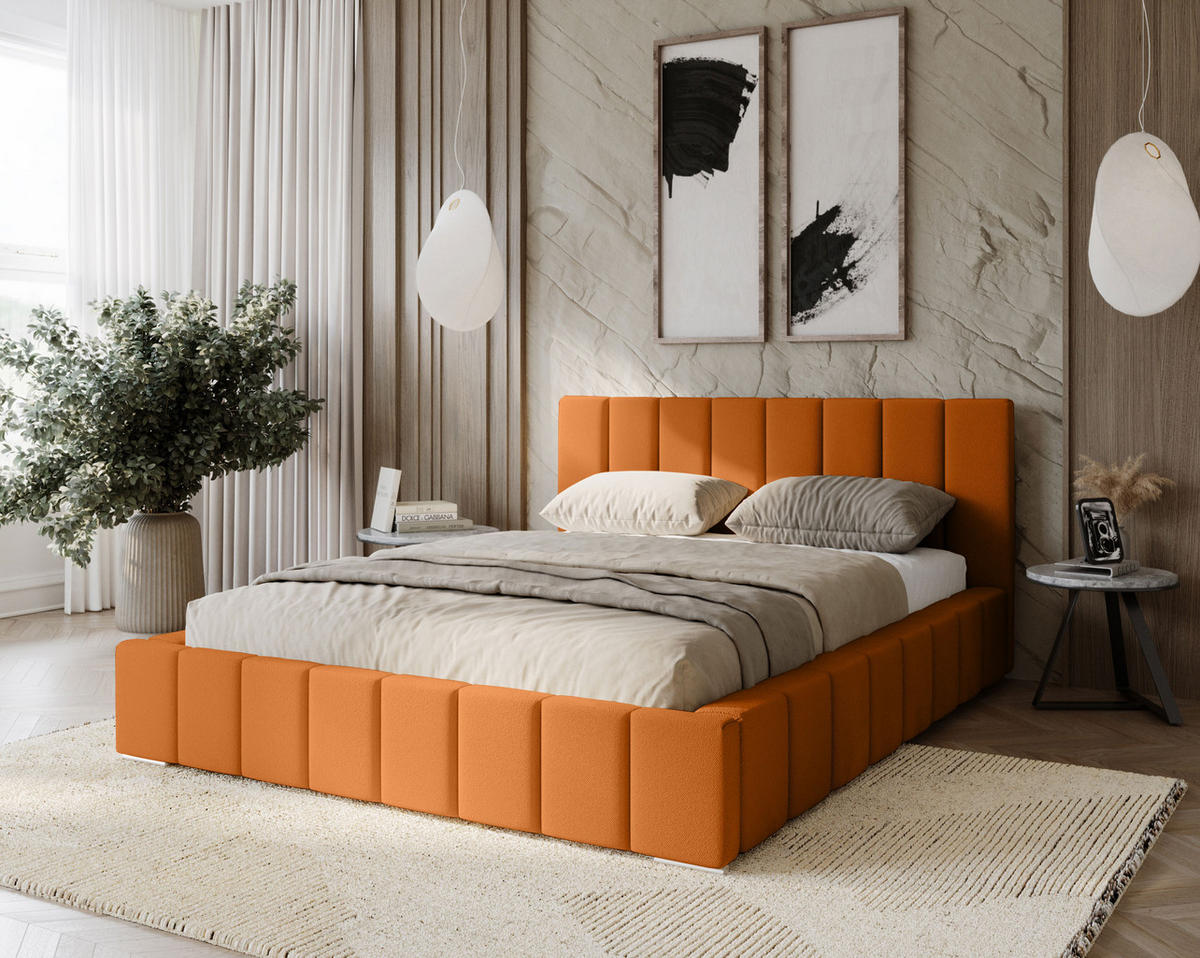 POLSTERBETT Menos 180x200 cm, Doppelbett mit Bettkasten und Lattenrost aus Holz, Velourstoff: Gelb - Orange, Holz/Textil (180/200cm) - Marpur