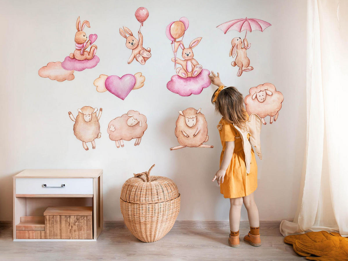 WANDAUFKLEBER 60x96cm - Schafe, Lämmer und Kaninchen - Multicolor, Kunststoff (60/96/0.1cm) - Wallfluent